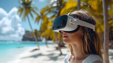 Person wearing a VR headset on a tropical beach enjoying an immersive virtual experience