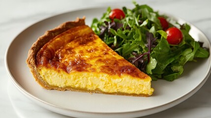 A single, golden-brown slice of quiche rested atop a pristine white ceramic plate, its flaky, buttery crust encasing a vibrant egg custard. A side salad of mixed greens and cherry tomatoes, bursting