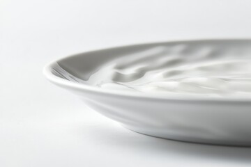 Creamy White Yogurt Close Up in Minimalist White Bowl for Healthy Breakfast on Plain White Background