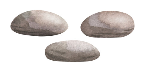 Underwater sea pebbles watercolor isolated illustration set. Hand drawn ocean undersea stones in monochrome brown color oval shape for outdoor, landscape, marine and nautical design.