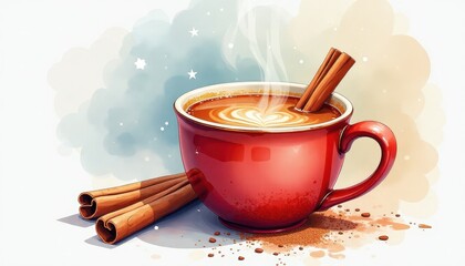 Vibrant Digital Painting: Red Cup with Steaming Beverage, Cinnamon, and Cocoa Powder. A cup of coffee with a cinnamon stick in it.