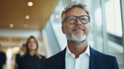 Fototapeta premium Confident businessman reflecting in a modern office setting