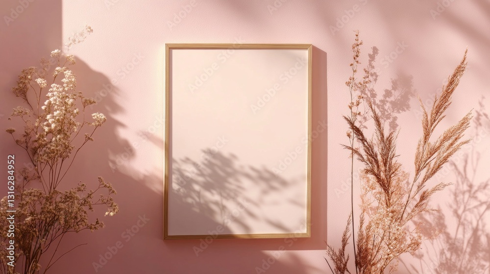 Aufkleber Soft pink walls create a serene backdrop for an empty frame bordered in gold. Dried flowers stand gracefully beside it, illuminated by gentle afternoon sunshine, inviting creativity and reflection