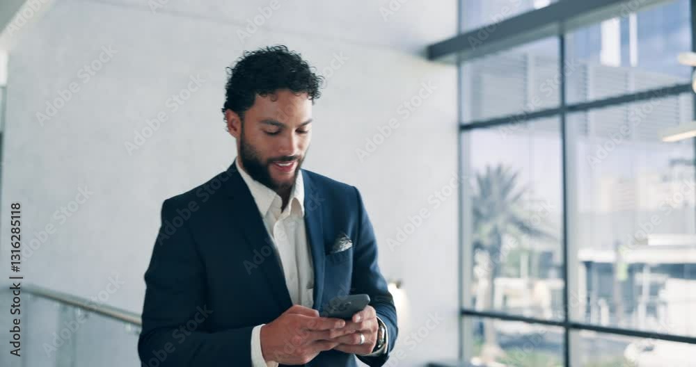 Aufkleber finance, phone and businessman in lobby with smile, connection and online schedule. confident, moder