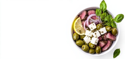 Mediterranean bowl with marinated lamb, feta cheese, green olives, pickled onions, and lemon slices, vibrant colors, top-down view, clean white background