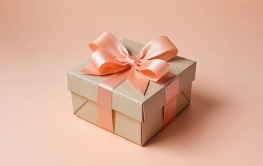 Obraz premium A gift box with a pink ribbon and flowers on a peach-colored background