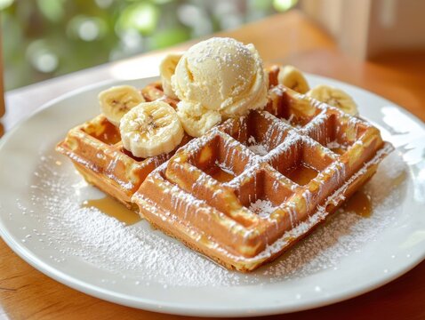 Delicious waffle delight with vanilla ice cream banana slices and powdered sugar in natural light