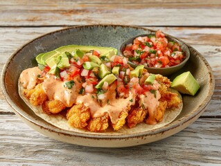 Delicious Shrimp Taco with Avocado and Pico de Gallo on Rustic Wooden Tabletop Culinary Delight