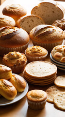 Freshly baked sourdough bread muffins and puff pastry beautifully arranged on a white table for an inviting breakfast spread food photography wallpaper stock photo for menu