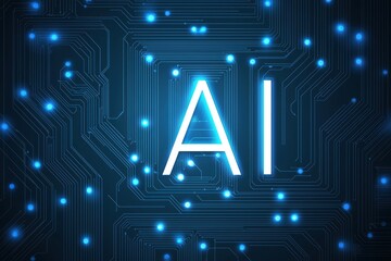 Neon AI letters with high-tech circuit patterns, futuristic artificial intelligence interface, and innovation in machine learning