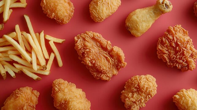 A vibrant, overhead shot reveals crispy French fries, golden nuggets, and juicy fried chicken wings, their glistening surfaces tantalizing the viewer is appetite. This appetizing image is the perfect