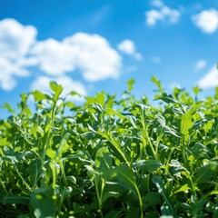 Vibrant arugula field under a bright blue sky with fluffy white clouds creates a beautiful natural scene