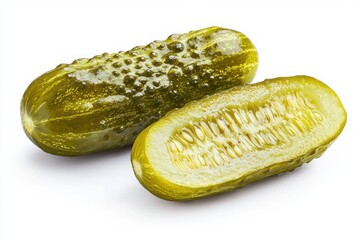 Crisp sour dill pickle with a sliced half showcasing juicy seeds on bright white modern background macro photography