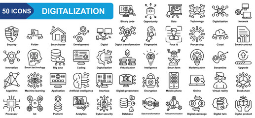 Digitalization collection icon set. Binary code, opportunity, Data, Technology, network, Digital Transformation, Processing, innovation. Simple line vector.