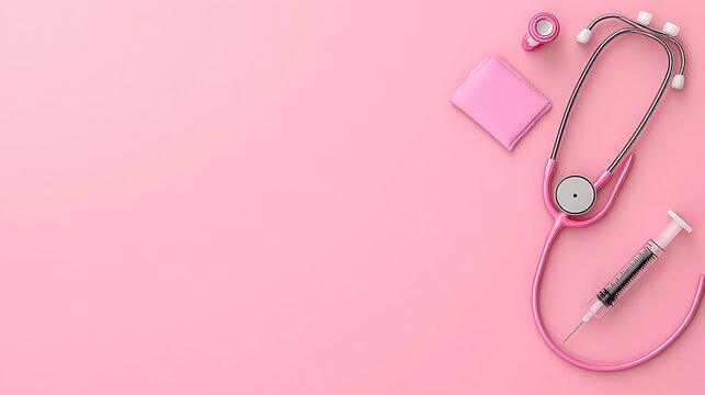 Pink Medical Supplies Flat Lay: Stethoscope, Syringe, and Condom on Pink Background AI Generated