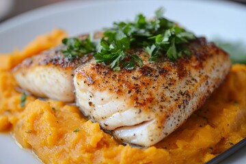 Delicious Australian Barramundi with Sweet Potato Mash on Plate