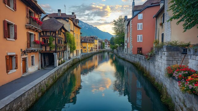 Quiet canal in Annecy France showcasing medieval architecture and serene reflections at sunset