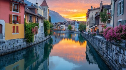 Quiet canal reflecting medieval buildings at sunrise in Annecy, France, creating a tranquil atmosphere
