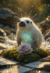 Obraz premium Adorable White Otter Pup Playing in Water Near a Rose and Old Books