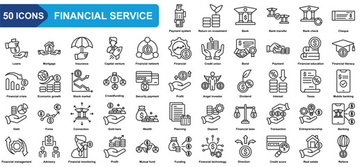 Financial service collection icon set. Payment system, Return on investment, Bank, Insurance, Credit, Financial crisis, Financial growth. Simple line vector.