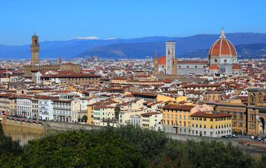 Fototapeta premium city of florence on a splendid sunny day with the main italian monuments clearly recognizable from left the palazzo vecchio tower giottos bell tower and the duomo dome