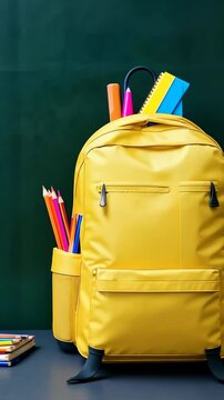 Back to School, yellow backpack with colorful school supplies, beginning of academic year with opportunities and knowledge, zoom out, vertical