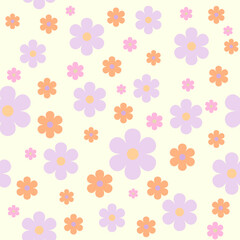 A bright floral pattern with a cream background. Flowers of three colors - lilac, orange and pink, are scattered evenly. The sizes of the flowers vary, creating a playful and cheerful composition. 