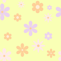 The pattern is delicate and minimalistic. The background is creamy, the flowers are pastel shades lilac, peach and pale pink. There are classic round flowers and a couple of elongated ones, more wild 