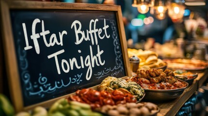 An appetizing buffet with a sign that says Iftar Buffet Tonight