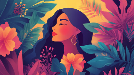 Naklejka premium Tropical Floral Portrait of a Woman