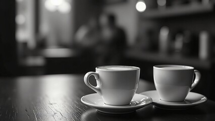 Fototapeta premium Two Cups of Coffee in a Cafe - Black and White Photography