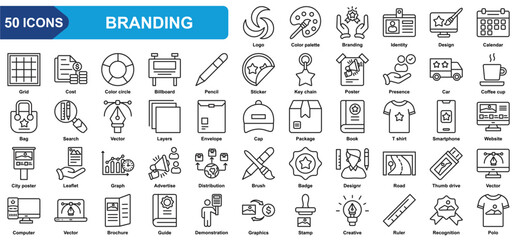 Branding collection icon set. Logo, Color palette, Identity, Design, Color circle, Billboard, Pencil, Sticker. Simple line vector.