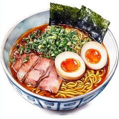 Delicious bowl of ramen noodles with egg and seaweed on white background watercolor illustration