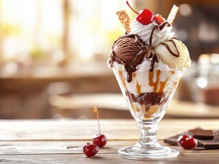 Decadent sundae delight featuring chocolate and vanilla ice cream topped with cherry on wooden background