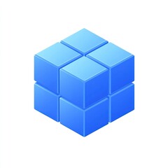 Isometric view of a blue cube assembled from smaller cubes.
