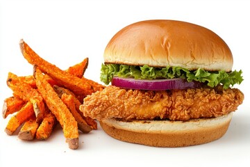 Delicious crispy chicken burger with fresh salad and onion rings accompanied by seasoned sweet potato fries
