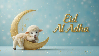 A sheep hugging a crescent moon with word "Eid Al-Adha", symbolizing the Eid Adha celebration concept. Suitable for marketing or business purposes