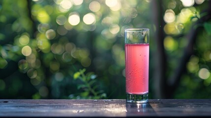 Delicious Bright Pink Cocktail in a Tall Skinny Shot Glass Surrounded by Trees Outdoors