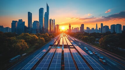 Fototapeta premium A vibrant city skyline at sunset with solar panels on rooftops and electric cars on the road 