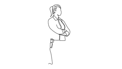 Self drawing animation of single line draw side view young female joiner in apron and tools belt standing near workbench while working in craft workshop concept. Continuous line. Full length animated