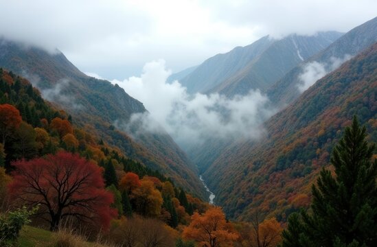 Serene autumn mountain landscape with vibrant foliage and misty valleys