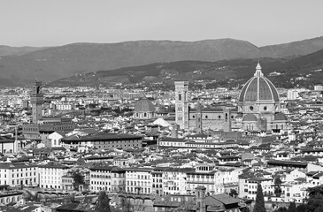 Panoramic view of Florence ITALY with monuments and rooftops with a vintage Black and white toned...