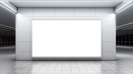 A blank billboard in a modern underground station with white floor tiles. Soft overhead lighting creates a clean and inviting atmosphere