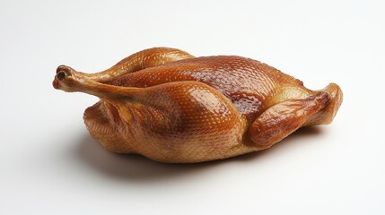 A golden-brown roasted duck, its skin glistening with crispy fat, rested alone on a stark white backdrop, its presence a symphony of savory aroma and visual delight.
