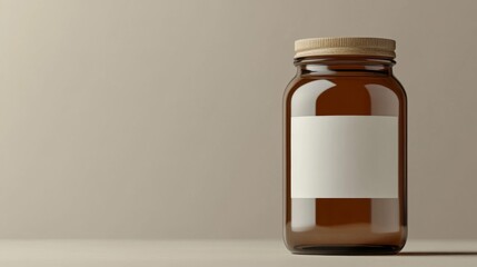 Amber Glass Jar with Blank Label and Cork Lid on Beige Background