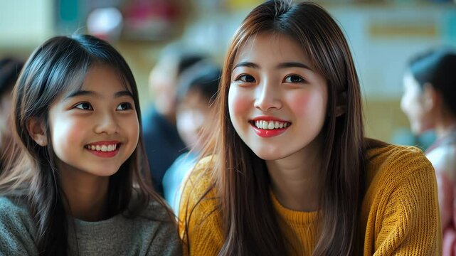 In a lively classroom filled with eager minds, a teacher shares a warm moment with a young student. Their smiles reflect the joy of learning and connection.