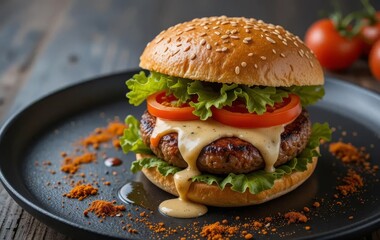 A gourmet burger on a dark plate with spices scattered around it