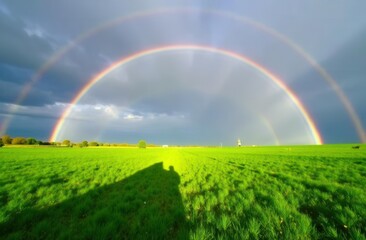 Naklejka premium Bright double rainbow over lush green field under cloudy skies