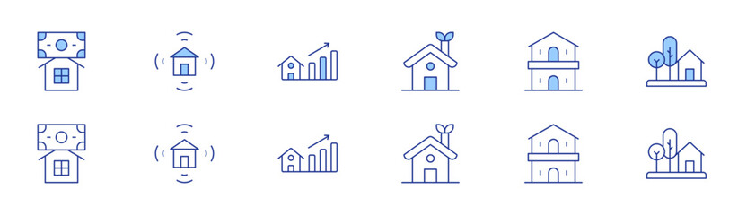 Home icon set in two styles, Duotone and Thin Line style. Editable stroke. home insurance, eco house, smart home, retirement home, value, house