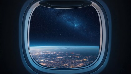 Beautiful city skyline at night seen from an aircraft window, twinkling city lights stretching to the horizon
